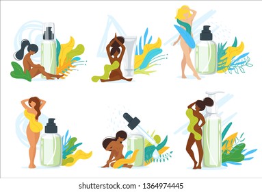 Set of compositions with naked beautiful multinational women, cosmetic care products in bottles and green leaves decorations. Vector illustrations isolated on white background. Spa concept. 