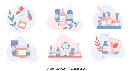 Conjunto de composiciones con productos cosméticos orgánicos naturales en botellas, jarras, tubos para el cuidado de la piel.Fotografía plana de productos de cuidado de la piel.Productos cosméticos, espejo en una estantería.Ilustración vectorial plana.