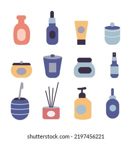 Set of compositions with natural organic cosmetic products in bottles, jars, tubes for skincare. Flat lay photography of skincare products.Cosmetic products mirror on a shelf. Flat vector illustration