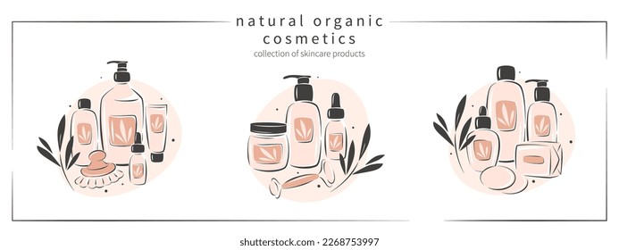 Set of compositions with natural organic cosmetic products for skincare. Logo for a cosmetics store for body and hair care or beauty salon, spa. Vector illustration