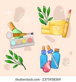 Set of compositions with natural organic cosmetic products in bottles, jars, tubes for skincare. Flat lay photography of skincare products