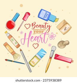 Set of compositions with natural organic cosmetic products in bottles, jars, tubes for skincare. Flat lay photography of skincare products