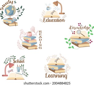 Set of compositions with office supply for education, writing utensils drawing in flat style