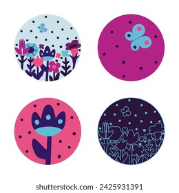 A set of compositions on a round background. Flowers, leaves and abstract plant elements. Bright floral icons. Isolated objects on a white background.