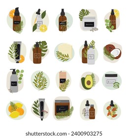 Set of compositions with organic cosmetic products in bottles, jars for skin care with abstract shape and greenery for social media highlights. Hand draw vector illustration