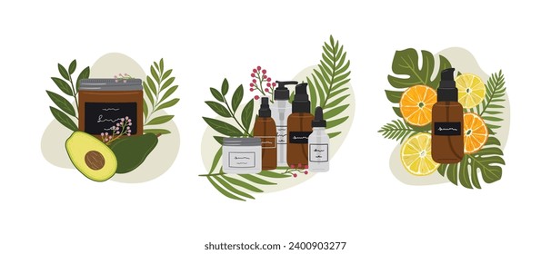 Set of compositions with organic cosmetic products in bottles, jars for skin care with abstract shape and greenery. Cleanser, tonner, serum, oil, cream product. Hand draw vector illustration