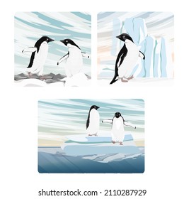 Set of compositions with Adélie penguin. Birds of the South Pole. Realistic vector landscape
