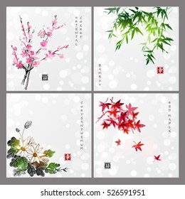 Set of compositions representing four seasons on glowing background. Sakura branch, bamboo, chrysanthemum and red maple leaves. Japanese ink painting sumi-e. Contains hieroglyph - happiness, luck.