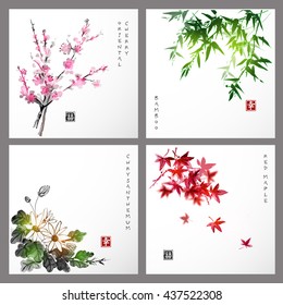 Set of compositions reprezenting four seasons. Sakura branch, bamboo, chrysanthemum and red maple leaves. Traditional Japanese ink painting sumi-e. Contains hieroglyph - happiness, luck.