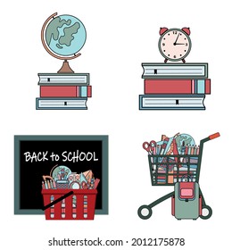 Set of compositions with school supplies, color vector illustration