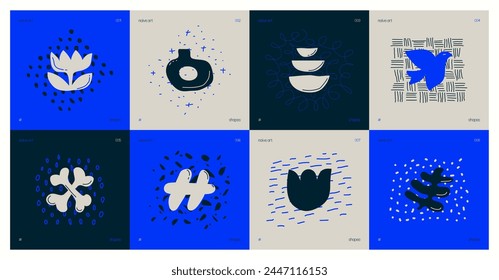 Set of compositions from silhouettes minimalistic bizarre childish abstract unusual shapes and texture in matisse art style, Hand drawn color playful naive geometric forms, vector art set 1