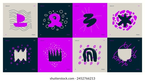 Set of compositions from silhouettes minimalistic bizarre childish abstract unusual shapes and texture in matisse art style, Hand drawn violet color playful naive geometric forms, vector art set 4