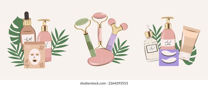 Set of compositions for skin care products, organic cosmetics, set of skin care products for women. Natural organic cosmetics for skin in colorful bottles, tubes, jars vector flat illustration