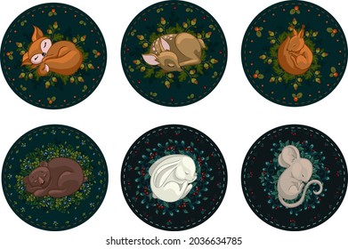 Set of compositions with sleeping forest animals and plants. Little fox, squirrel, fawn, bear cub, hare, mouse. Cartoon vector graphics.