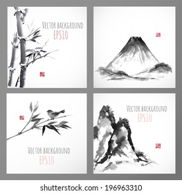 Set of compositions in sumi-e style. Bamboo trees and mountains. Hand-drawn with ink. Vector illustration. Traditional Japanese painting.