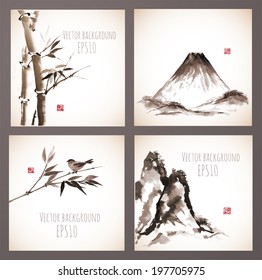 Set of compositions in sumi-e style. Bamboo trees and mountains. Hand-drawn with ink. Vintage vector illustration. Traditional Japanese painting.