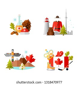 Set of compositions with symbols of Canada. Vector illustration in flat style on the theme of tourism. Template with traditional Canadian attributes.