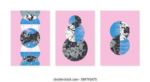 Set of compositions with textured circles. Minimalist poster, card design. Vector illustration.