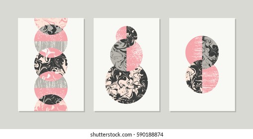 Set of compositions with textured circles. Minimalist poster, card design. Vector illustration.