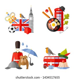 A set of compositions of traditional English symbols and attributes. Ready cards on the theme of travel in the UK. Vector templates in flat style.