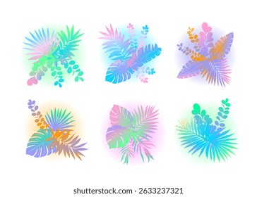 Set of compositions with tropical leaves in the Hawaiian style. Delicate gradient color transitions and grainy texture.