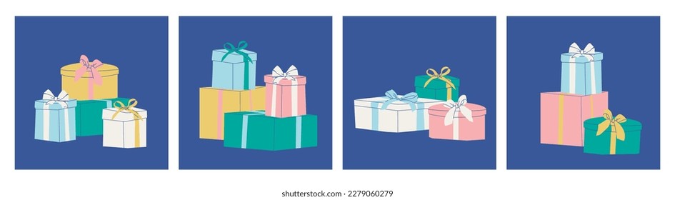 Set of compositions of various gift boxes with bows. Vector flat isolated illustration for design.
