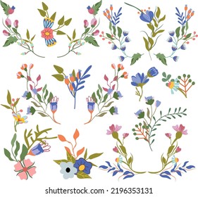 Set of compositions with wildflowers and colorful leaves. Floral bouquet on flat style. Bright compositions can be used as creating card, banner, other holidays. Vector illustration.