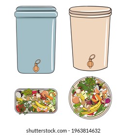 Set of composting bins with kitchen scraps, fruits and vegetables. No food wasted. Recycling organic waste, compost. Sustainable living, zero waste concept. Hand drawn vector illustration. 