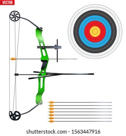 Set of Compound Bow with sparrows and target. Archery Sport Equipment. Classic sporting model for Games and Competition Range. Vector Illustration isolated on white background.