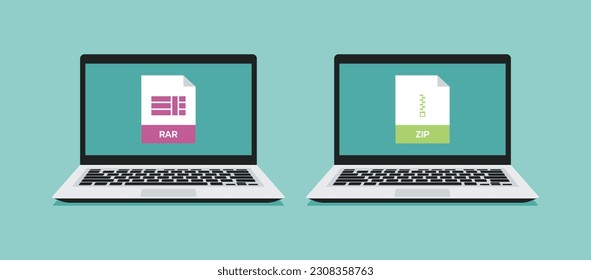 set of compressed ZIP and RAR document file format icon on laptop screen, flat vector illustration