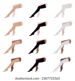 Satz von Kompressionsstrümpfen mit unterschiedlichen Hautfarben. Schwarz, Weiß, Akt, Beige. Weibliche Beine, die mit Krampfadern sitzen. Medizinische Unterwäsche für Füße. Strumpfwaren für Krankheiten. Vektorgrafik.