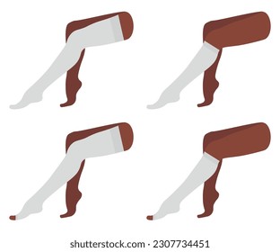 	
Set of compression stockings, knee-high, socks, open toe. White color, dark skin. Female legs sitting with varicose veins. Blood pressure, swelling. Medical underwear for feet. Hosiery for diseases.