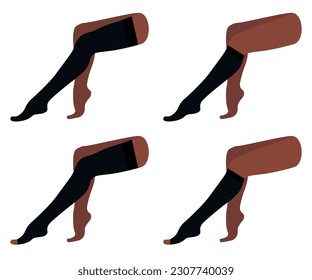 Satz von Kompressionsstrümpfen, Kniehöhe, Socken, offener Zehe. Schwarze Farbe, dunkle Haut. Weibliche Beine, die mit Krampfadern sitzen. Blutdruck, Schwellung. Medizinische Unterwäsche für Füße. Strumpfwaren für Krankheiten.