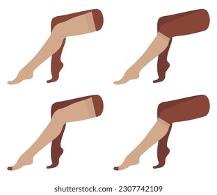 Satz von Kompressionsstrümpfen, Kniehöhe, Socken, Zehen. Akt, beige Farbe, dunkle Haut. Weibliche Beine, die mit Krampfadern sitzen. Blutdruck, Schwellung. Medizinische Unterwäsche für Füße. Strumpfwaren für Krankheiten.