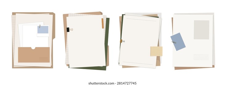A set comprising paper notes, folders, paperclips, and stationery items. A vector collection of folder templates featuring paper and paperclips, designed for document layouts or presentations.