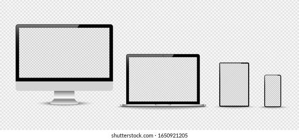 Set of compute, laptop, smartphone with empty screens. Design on transparent background. . Vector illustration