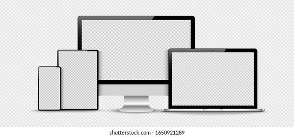 Set of compute, laptop, smartphone with empty screens. Design on transparent background. . Vector illustration