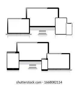 Set of compute, laptop, smartphone with empty screens. 