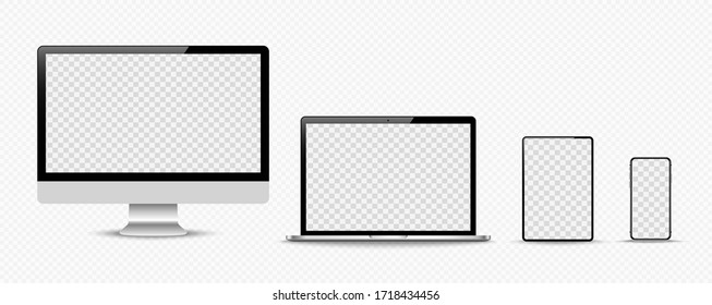 Set von Computer, Laptop, Smartphone mit leeren Bildschirmen. Design auf transparentem Hintergrund.. Vektorgrafik