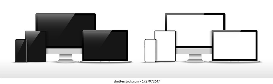 Set of compute, laptop, smartphone with empty screens. Design on transparent background. . Vector illustration