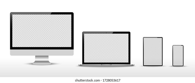 Set of compute, laptop, smartphone with empty screens. Design on transparent background. . Vector illustration