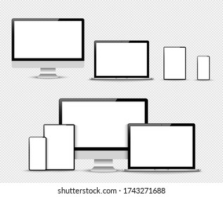 Satz Compute, Laptop, Smartphone mit leeren Bildschirmen. Design auf transparentem Hintergrund. . Vektor-Abbildung