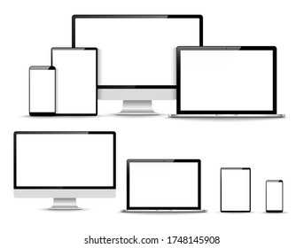 Set of compute, laptop, smartphone with empty screens. Vector illustration
