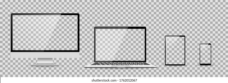 Set of compute, laptop, smartphone with empty screens. Design on transparent background. . Vector illustration