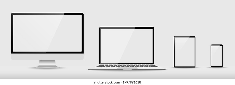 Set von Computer, Laptop, Smartphone mit leeren Bildschirmen. Design auf transparentem Hintergrund. . Vektorgrafik