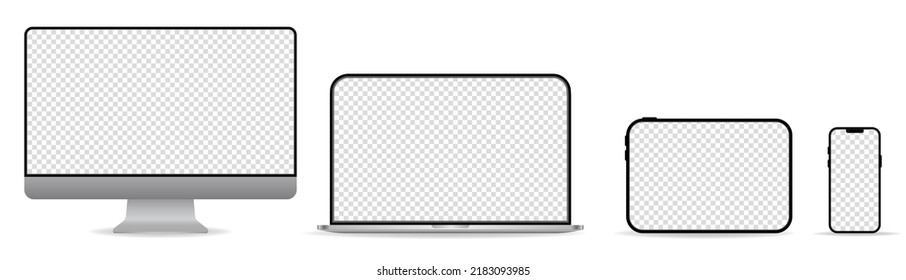 Set of compute, laptop, tablet and smartphone with empty screens. Vector illustration 