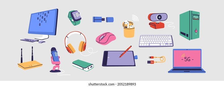 Set of computer accessories for desk or workspace. Wireless equipment like mouse, camera, headphones, microphone, watch, pen tablet, router, keyboard, monitor in office. Device repair vector concept. 