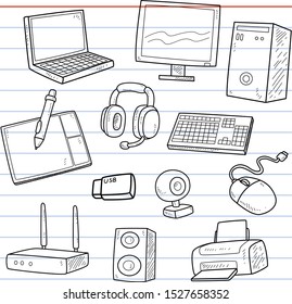 Set Of Computer Accessories In Doodle Style For Decoration.