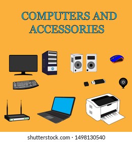Set of computer and accessories. Isolated on an orange background. Vector illustration. There is a place for text. Advertising, banner. Vector EPS10.