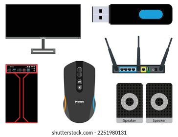 Set of computer accessories and peripheral. Equipment like mouse, Wifi Router, pen drive , monitor, Speaker, PC cabinet.